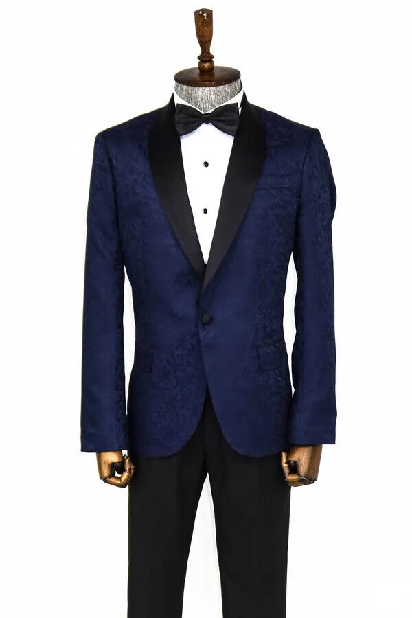 Shawl Lapel Floral Patterned Navy Blue Men Tuxedo Evening Blazer - Wessi sold by Wessi product image thumbnail 3