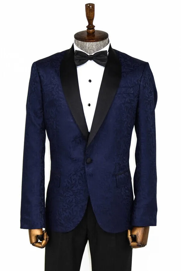 Shawl Lapel Floral Patterned Navy Blue Men Tuxedo Evening Blazer - Wessi sold by Wessi