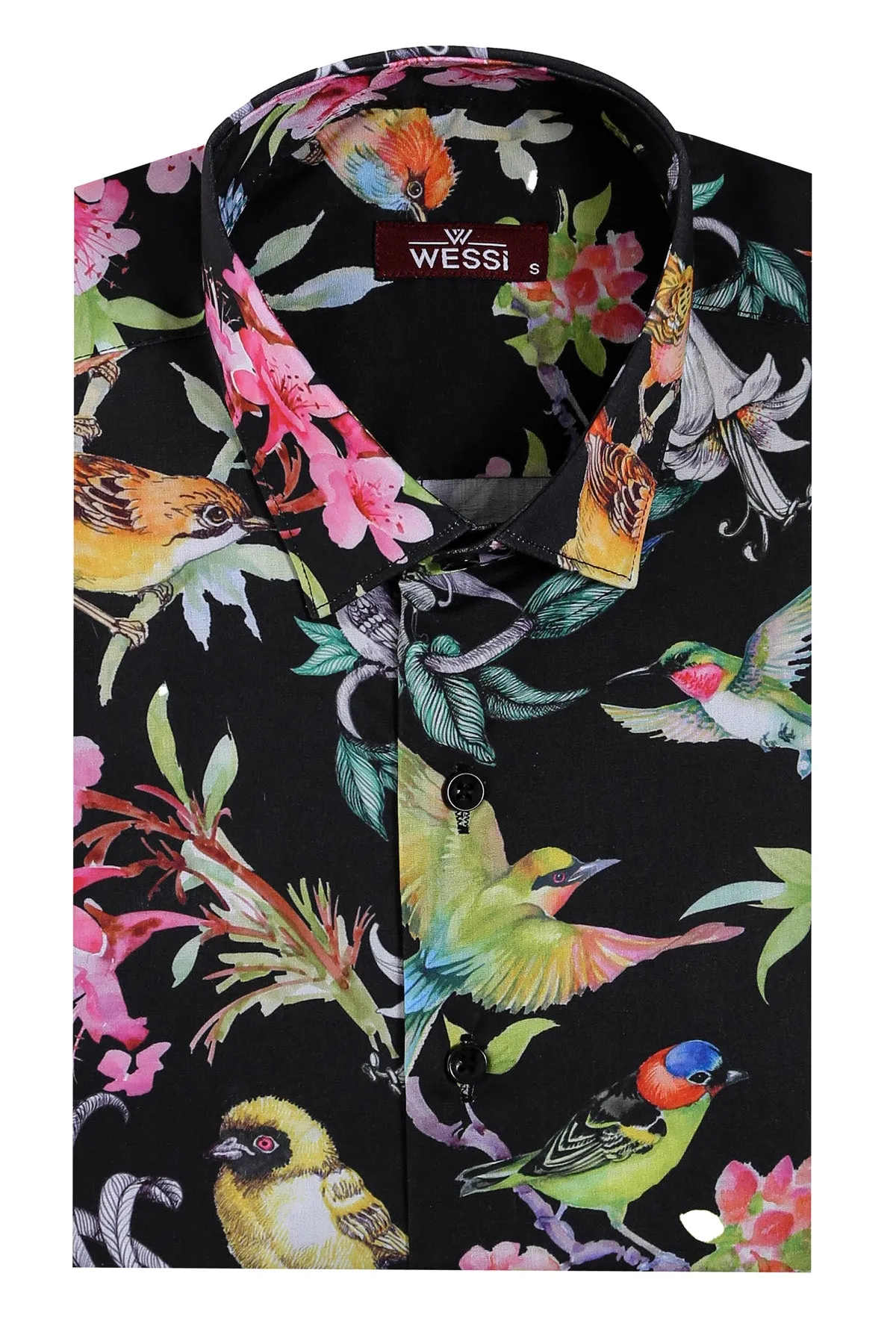 Birds And Flowers Patterned Slim Fit Long Sleeves Black Men Shirt - Wessi sold by Wessi product image thumbnail 2