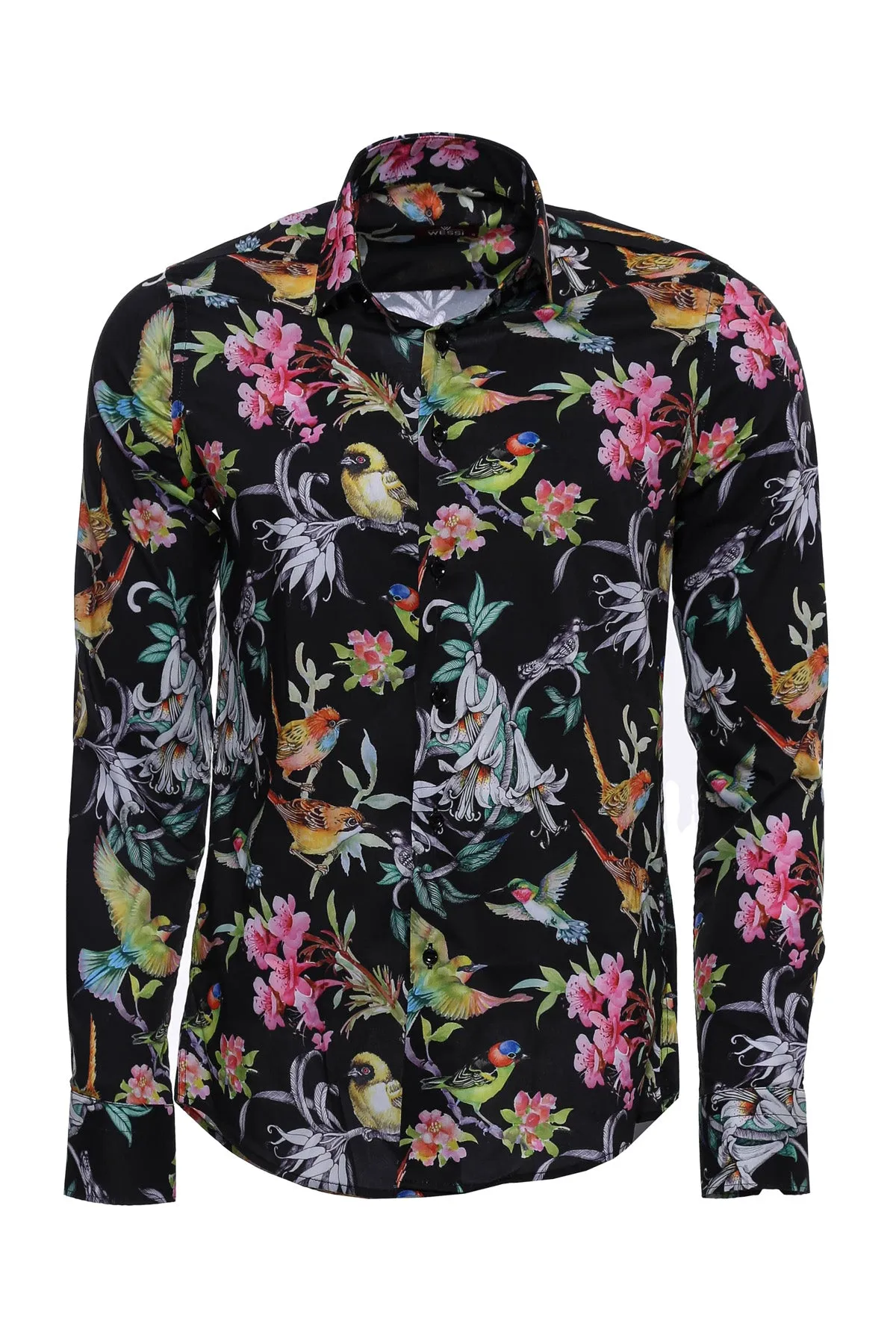 Birds And Flowers Patterned Slim Fit Long Sleeves Black Men Shirt - Wessi sold by Wessi