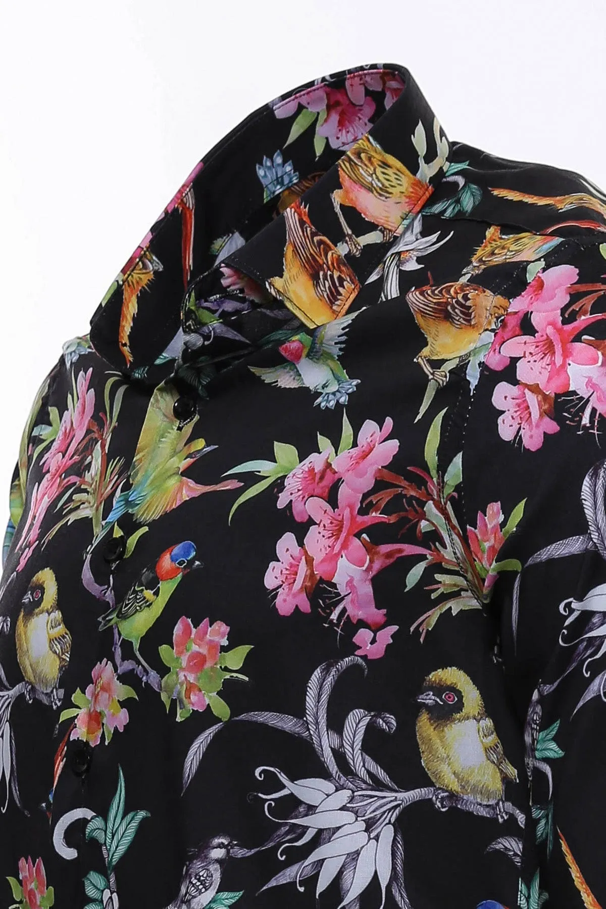 Birds And Flowers Patterned Slim Fit Long Sleeves Black Men Shirt - Wessi sold by Wessi product image thumbnail 5