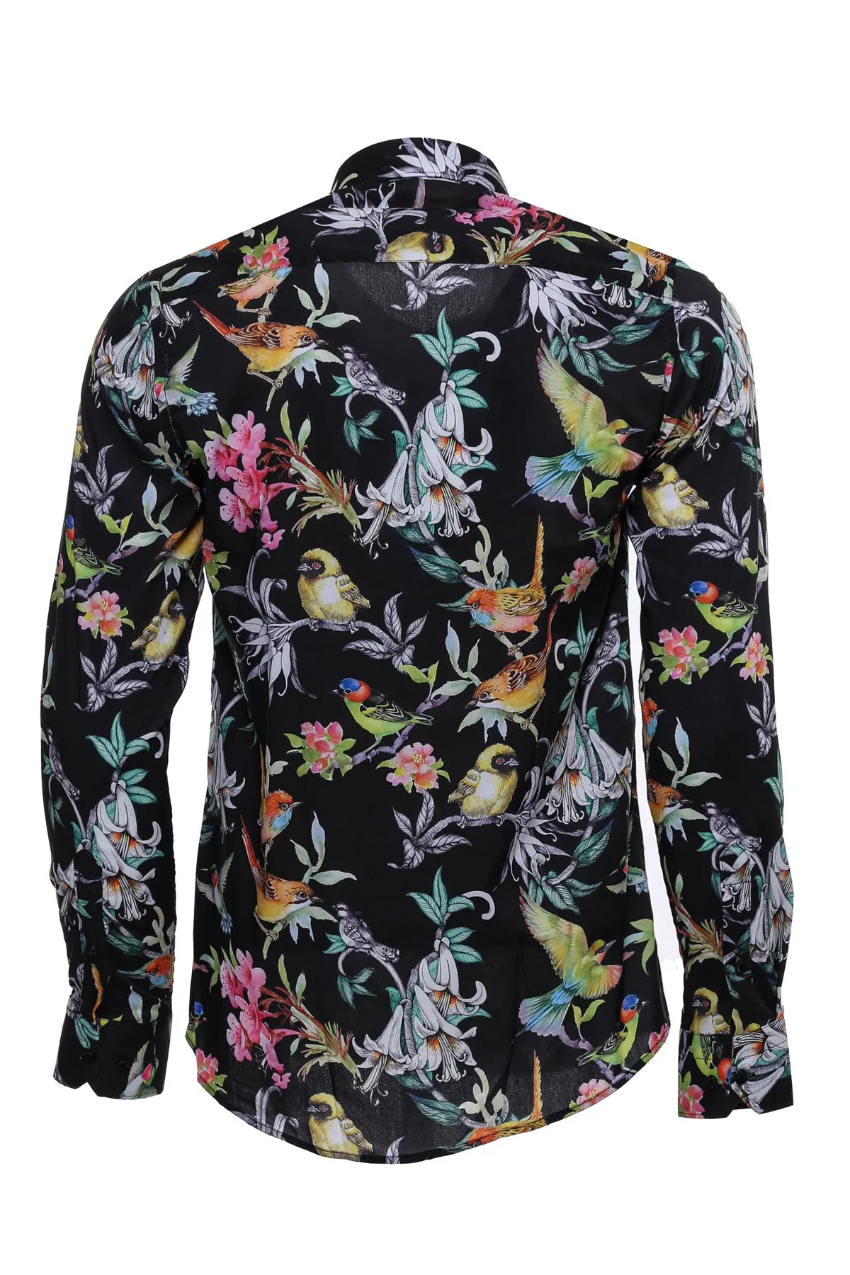 Birds And Flowers Patterned Slim Fit Long Sleeves Black Men Shirt - Wessi sold by Wessi product image thumbnail 4
