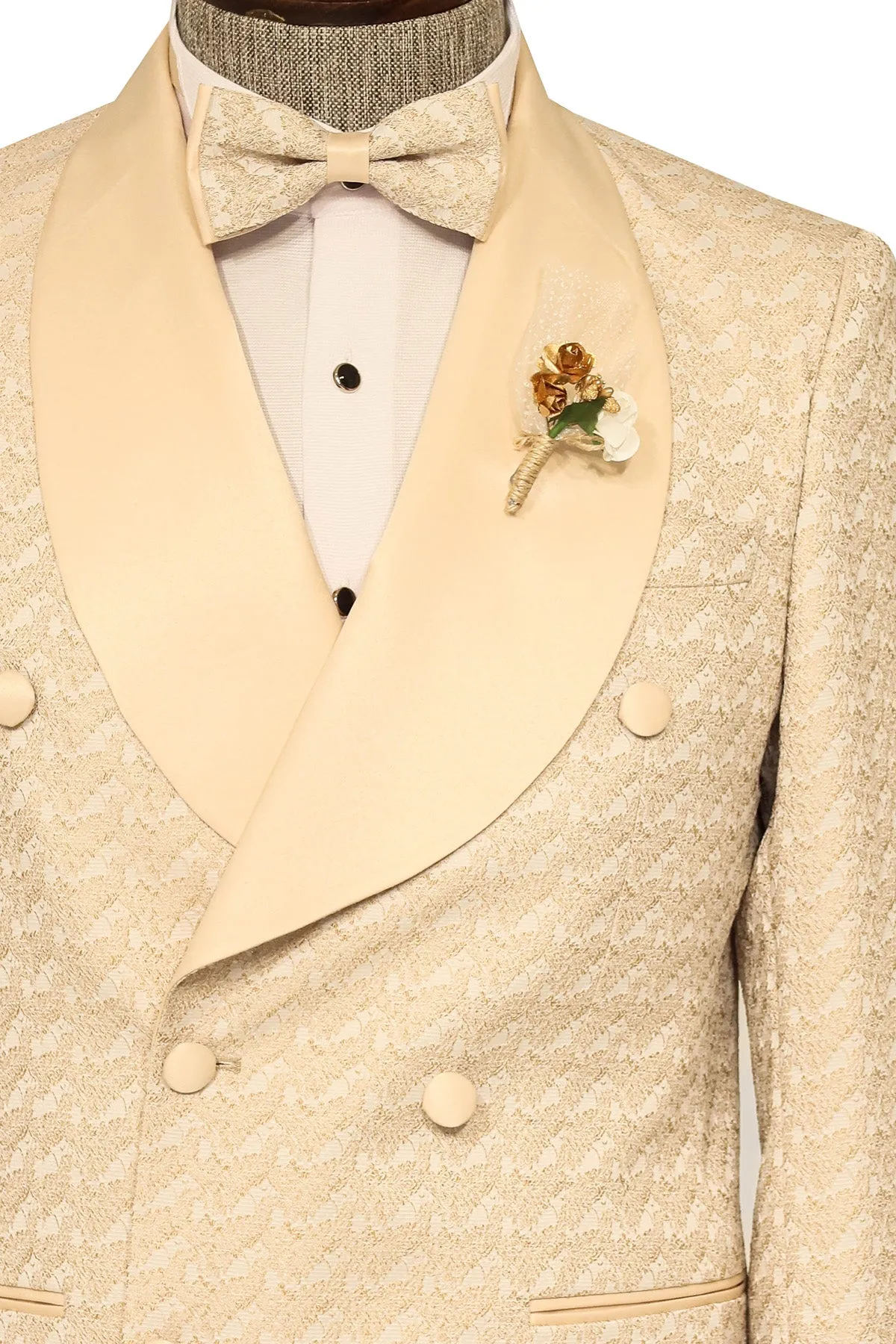 Satin Shawl Collar Patterned Double Breasted Champagne Men Tuxedo Suit - Wessi sold by Wessi product image thumbnail 3
