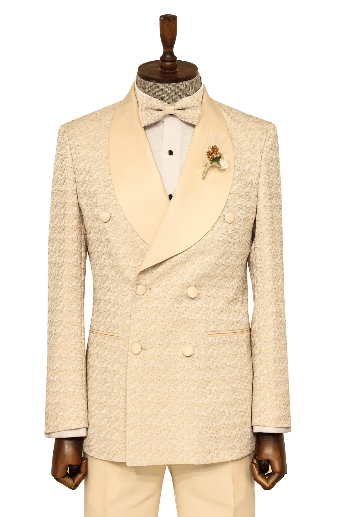 Satin Shawl Collar Patterned Double Breasted Champagne Men Tuxedo Suit - Wessi sold by Wessi product image thumbnail 2