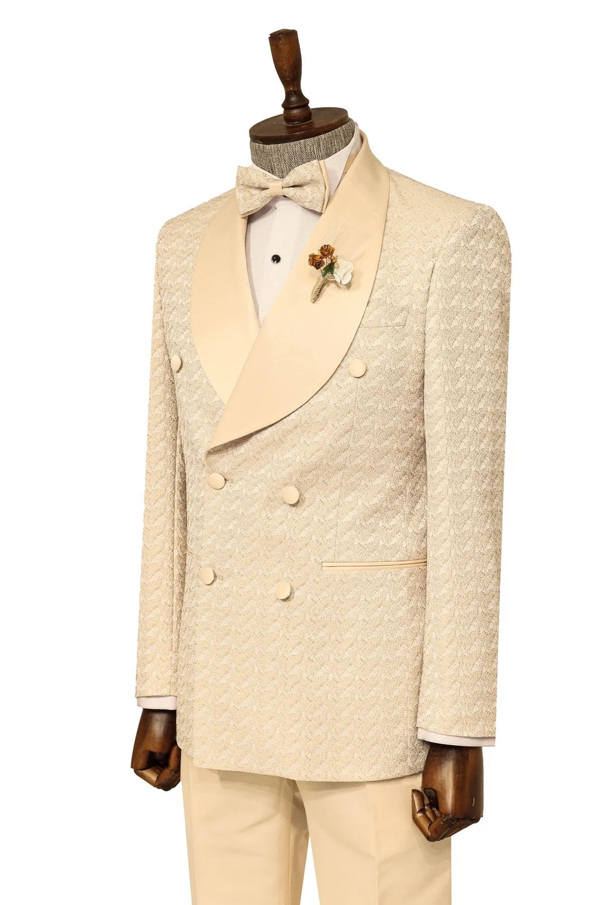 Satin Shawl Collar Patterned Double Breasted Champagne Men Tuxedo Suit - Wessi sold by Wessi product image thumbnail 4