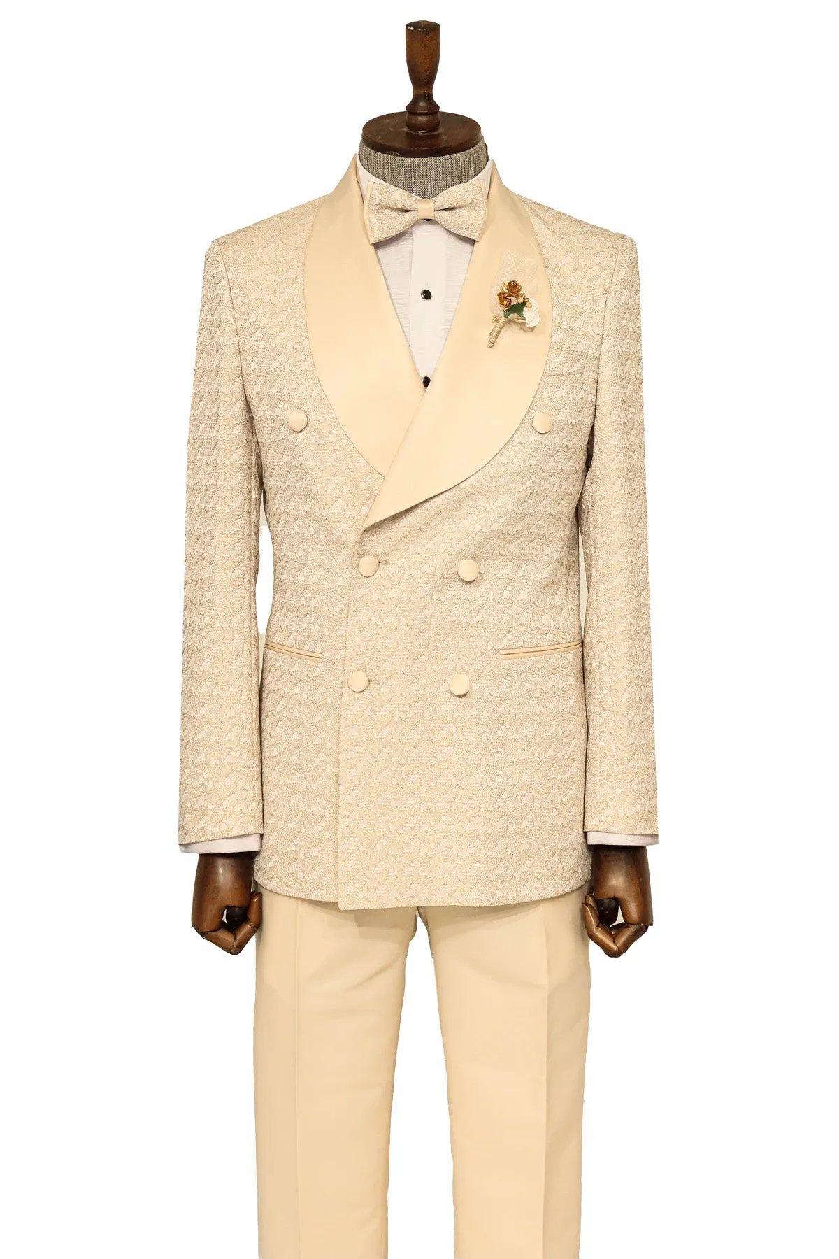 Satin Shawl Collar Patterned Double Breasted Champagne Men Tuxedo Suit - Wessi sold by Wessi