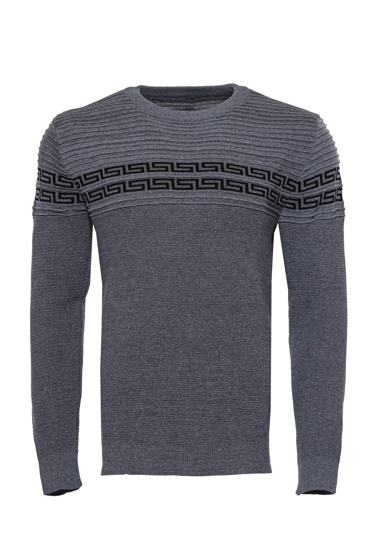 Crew Neck Knitwear Chest Patterned Over Grey - Wessi sold by Wessi