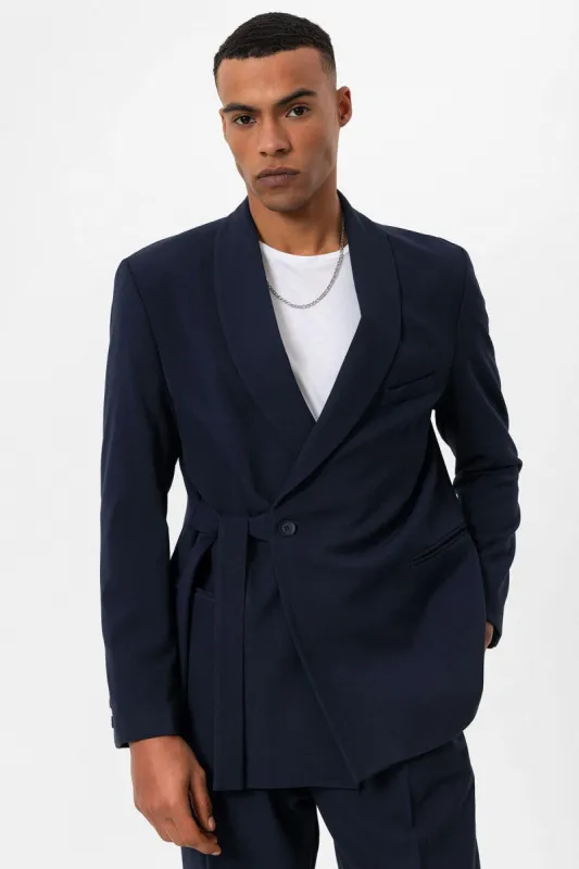 Men's Navy Blue 100% Linen Pocket Detail Double-Breasted  Blazer - Wessi sold by Wessi