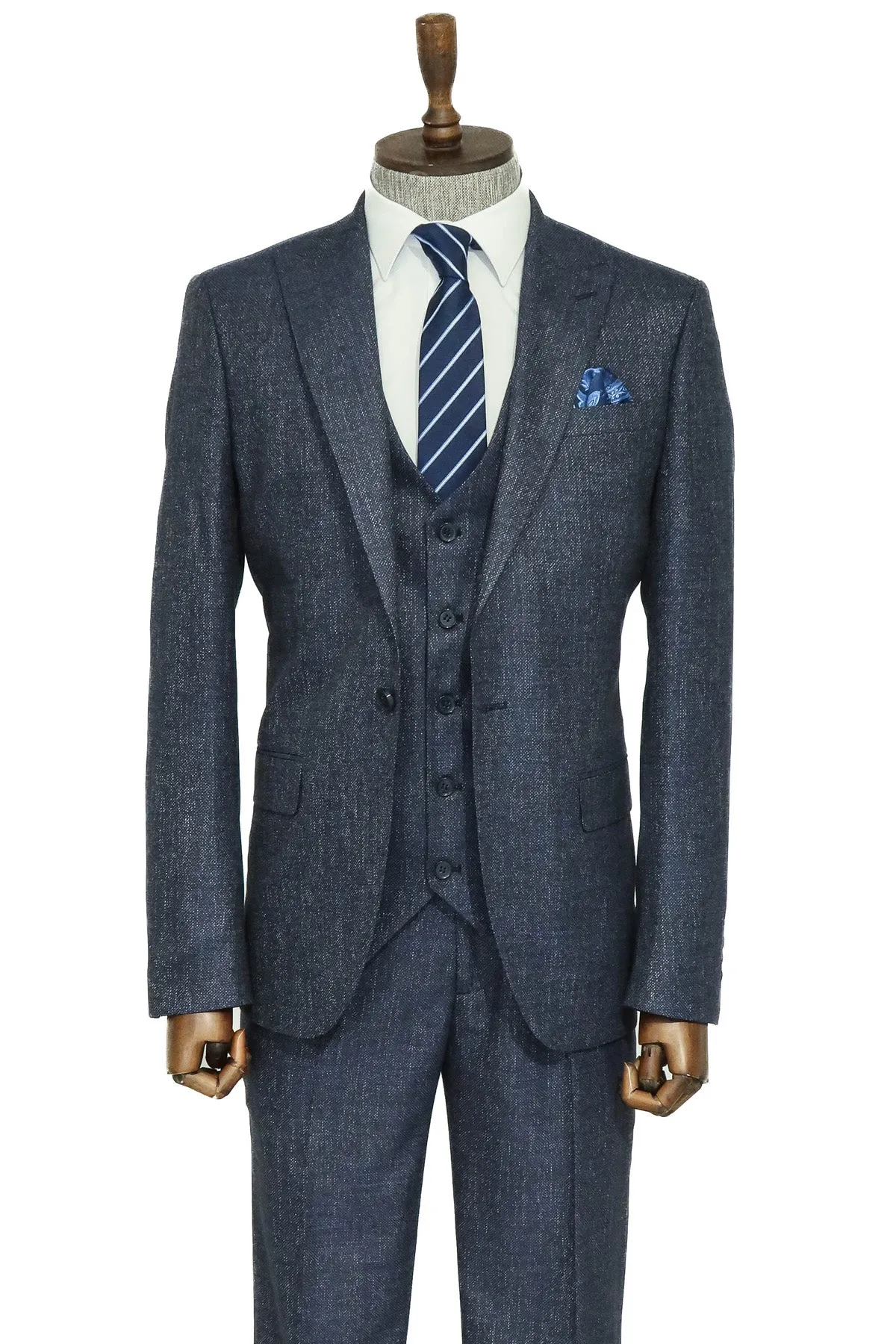 3 -Piece Single Button Peak Lapel Grey Blue Men Suit - Wessi sold by Wessi