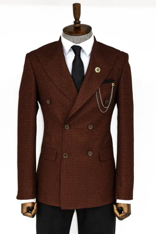 Houndstooth Patterned Brown Men Double Breasted Blazer and Trousers Combination- Wessi sold by Wessi