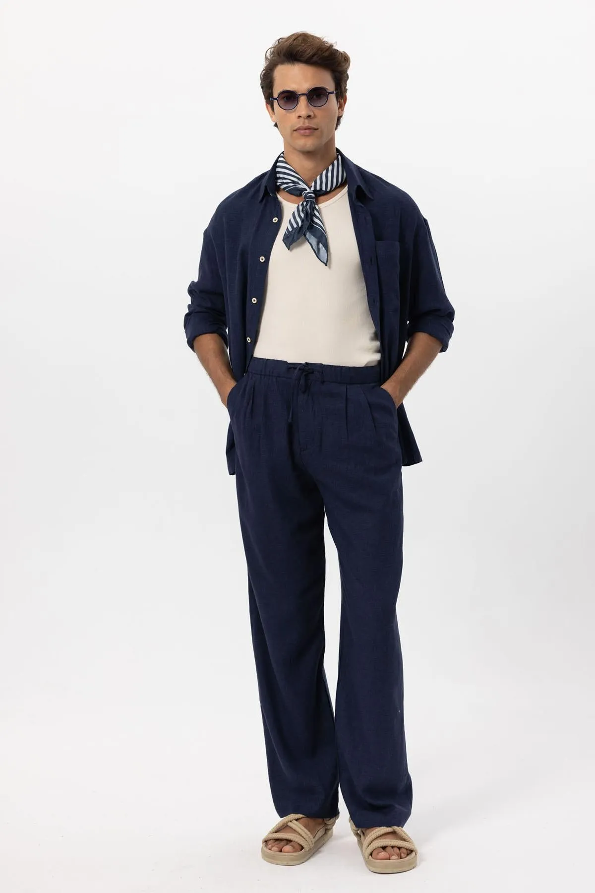 Men's Navy Blue Navy Belted Linen Blend Pants - Wessi sold by Wessi product image thumbnail 3