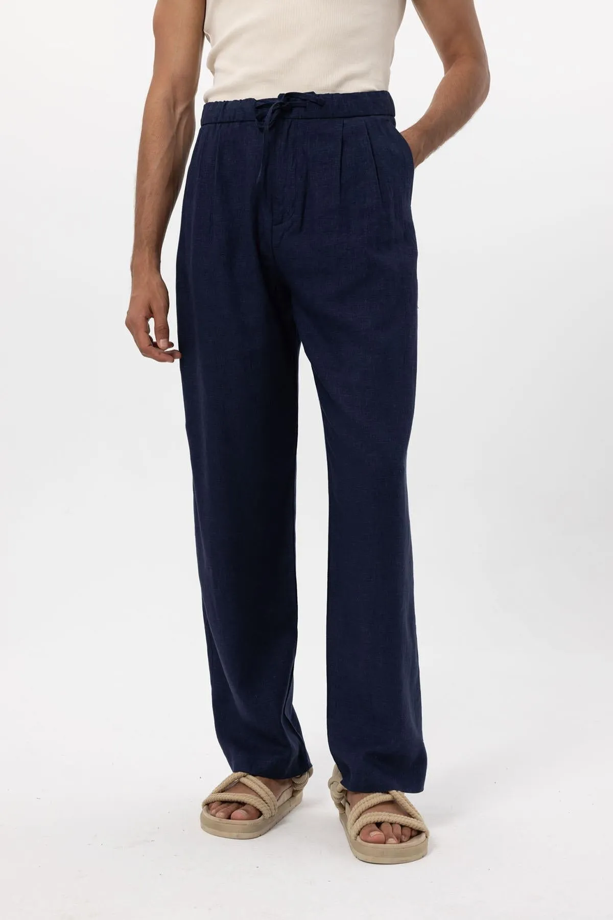 Men's Navy Blue Navy Belted Linen Blend Pants - Wessi sold by Wessi product image thumbnail 5