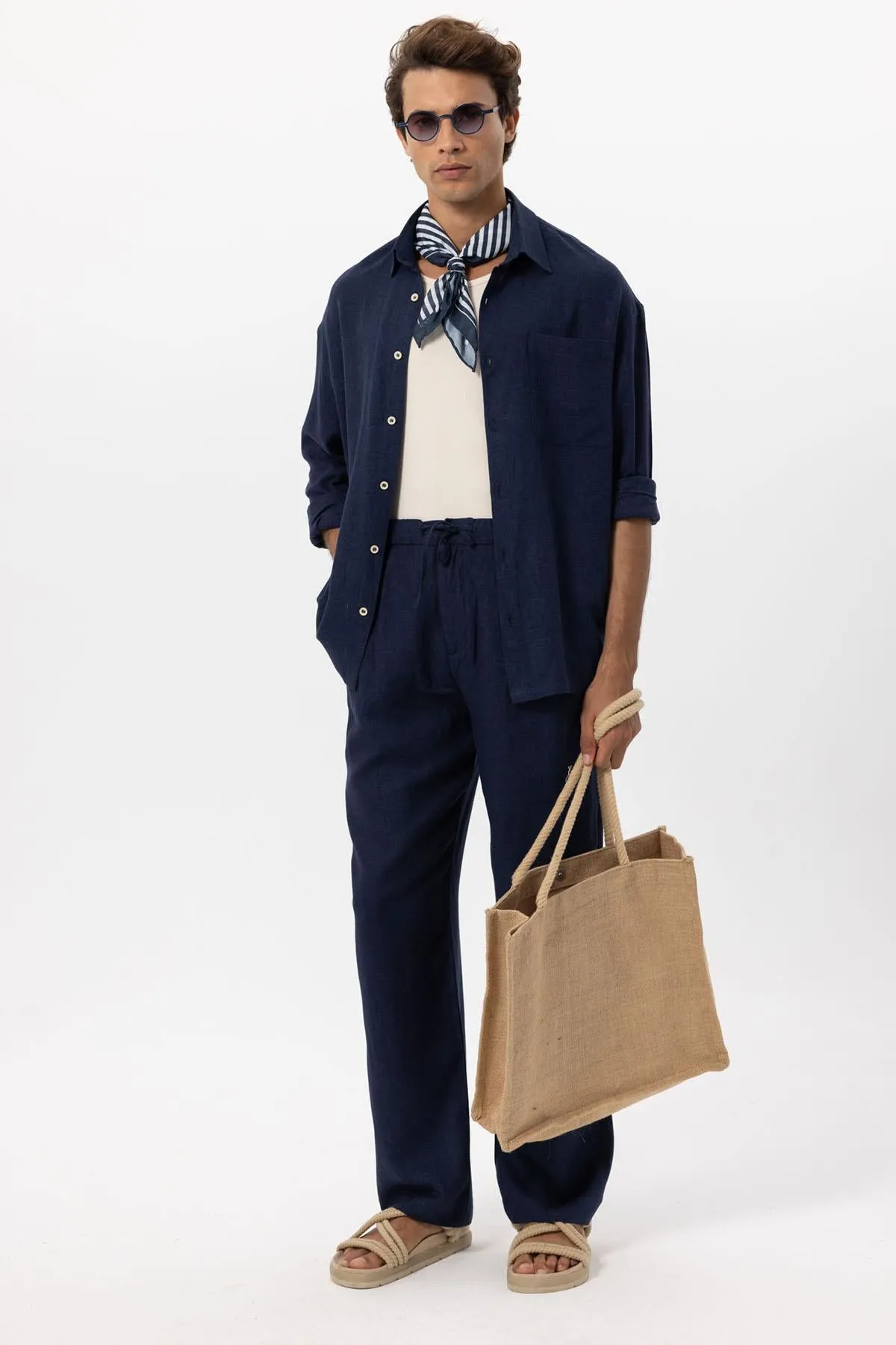 Men's Navy Blue Navy Belted Linen Blend Pants - Wessi sold by Wessi product image thumbnail 2