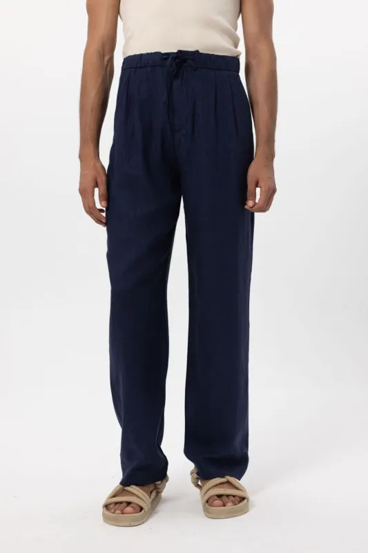 Men's Navy Blue Navy Belted Linen Blend Pants - Wessi sold by Wessi