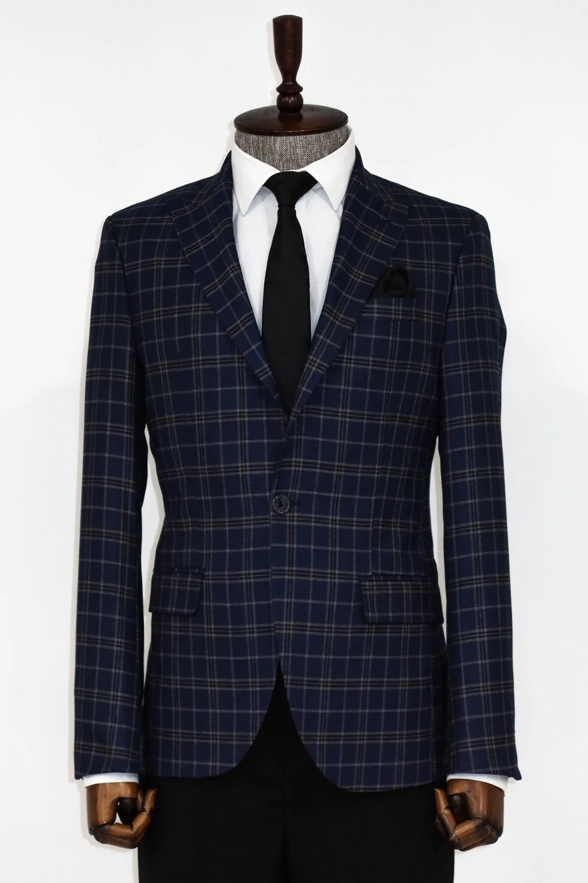 Checked Navy Blue Men Blazer and Trousers Combination - Wessi sold by Wessi product image thumbnail 3