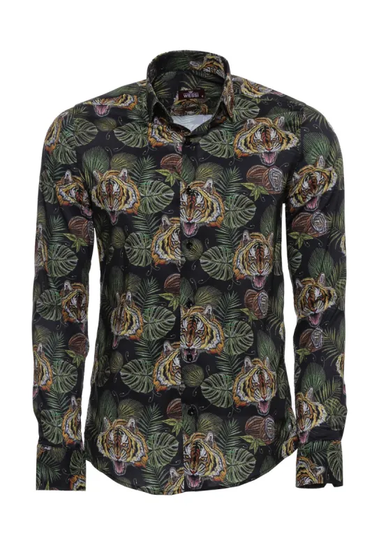 Yellow Black Leaf Patterned Long Sleeves White Men Shirt - Wessi sold by Wessi