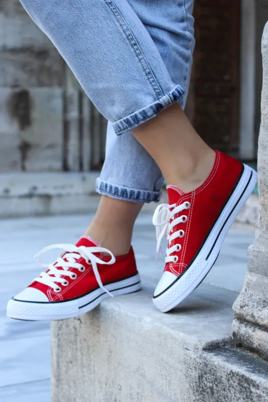 Men's Red Canvas Low-Top Sneakers with White Laces - Wessi sold by Wessi