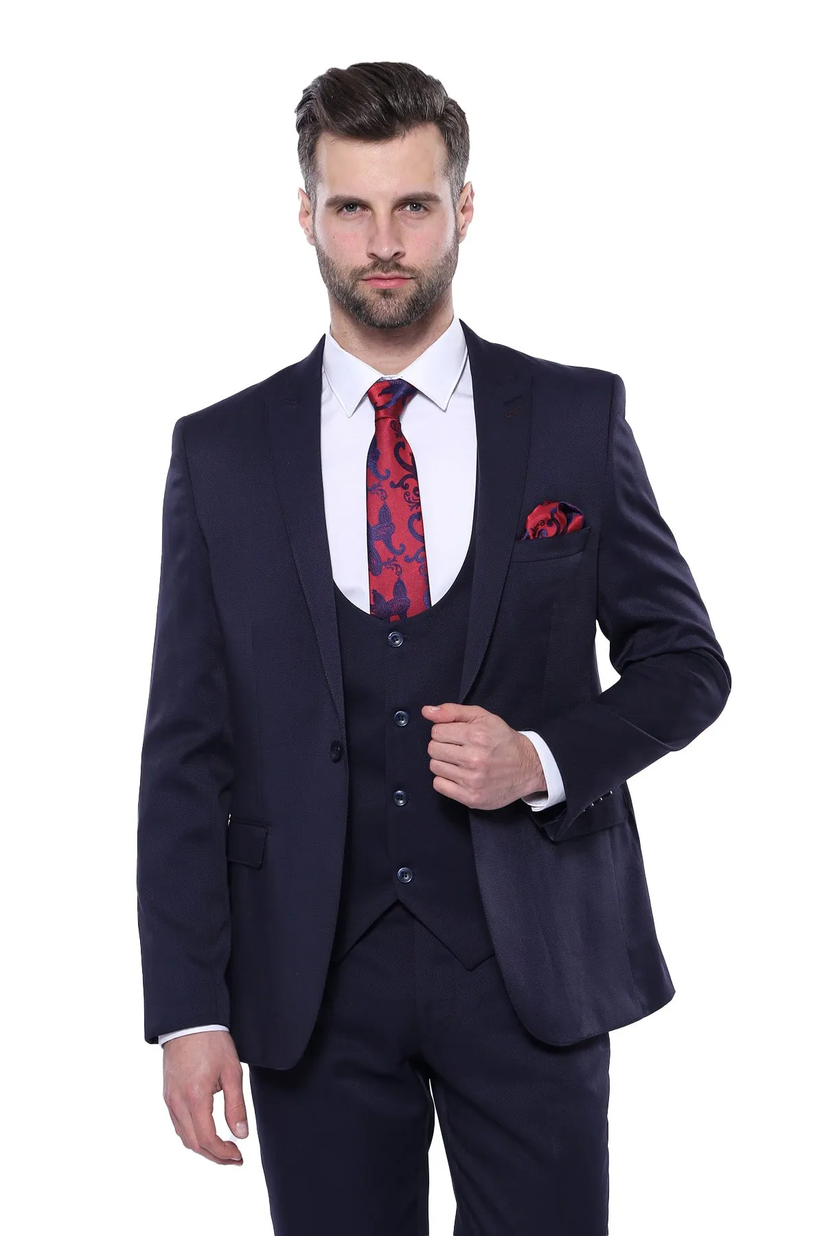 Patterned Navy Blue Vested Suit | Wessi sold by Wessi