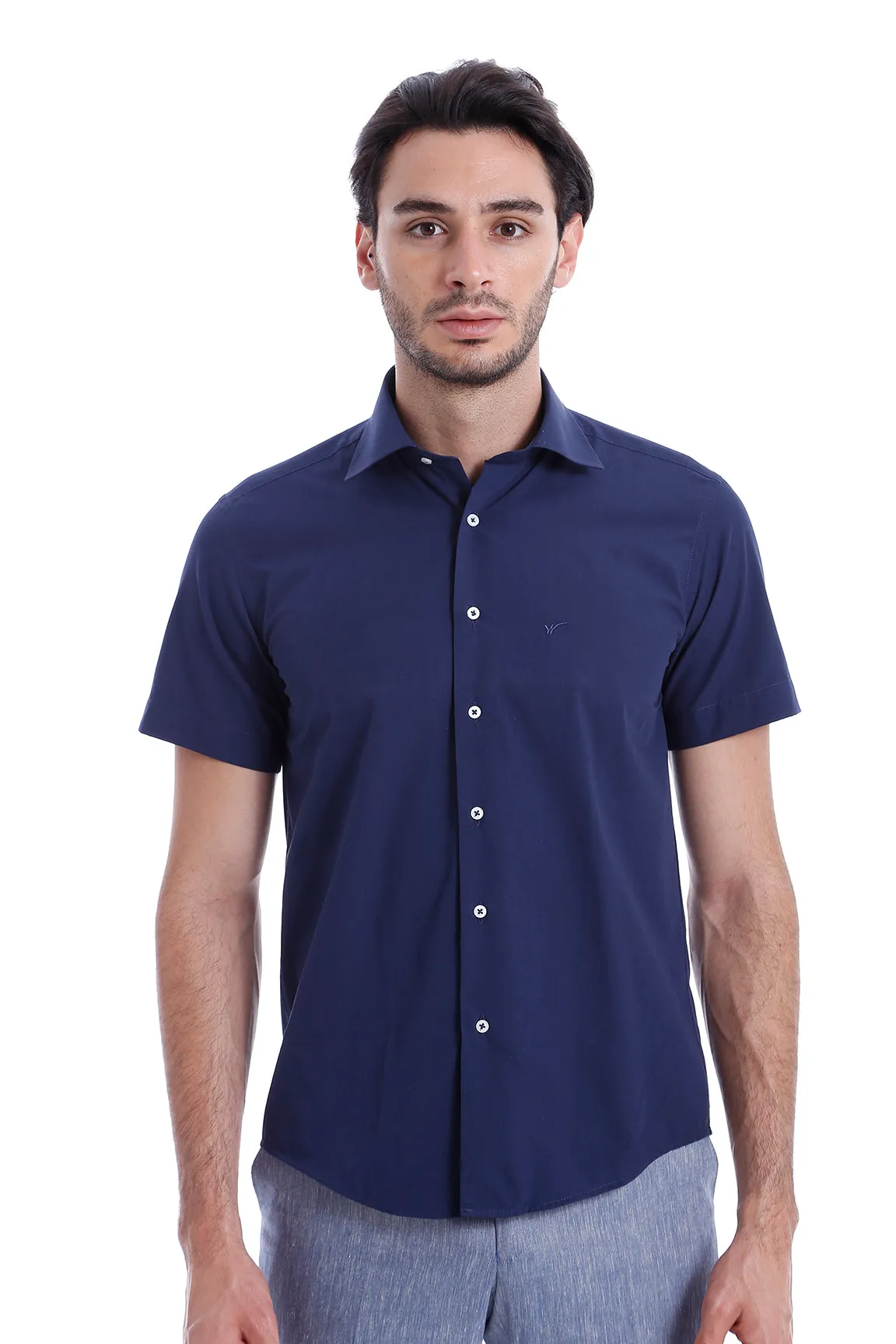Short Sleeve Poly Cotton Slim Fit Navy Blue Men Shirt - Wessi sold by Wessi