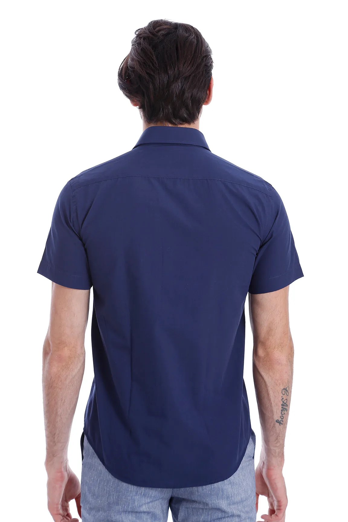 Short Sleeve Poly Cotton Slim Fit Navy Blue Men Shirt - Wessi sold by Wessi product image thumbnail 2