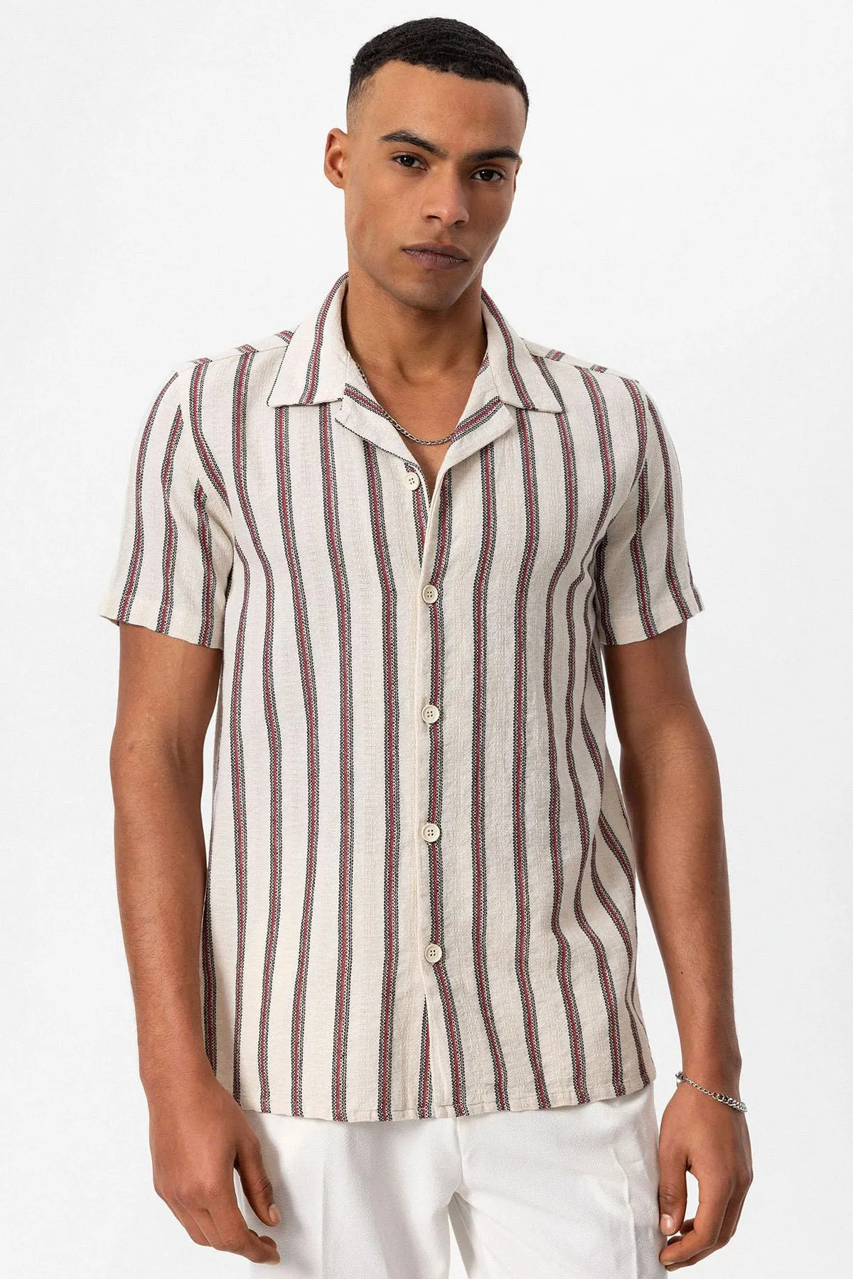 Men's Burgundy Striped Camp Collar Shirt - Wessi sold by Wessi product image thumbnail 4