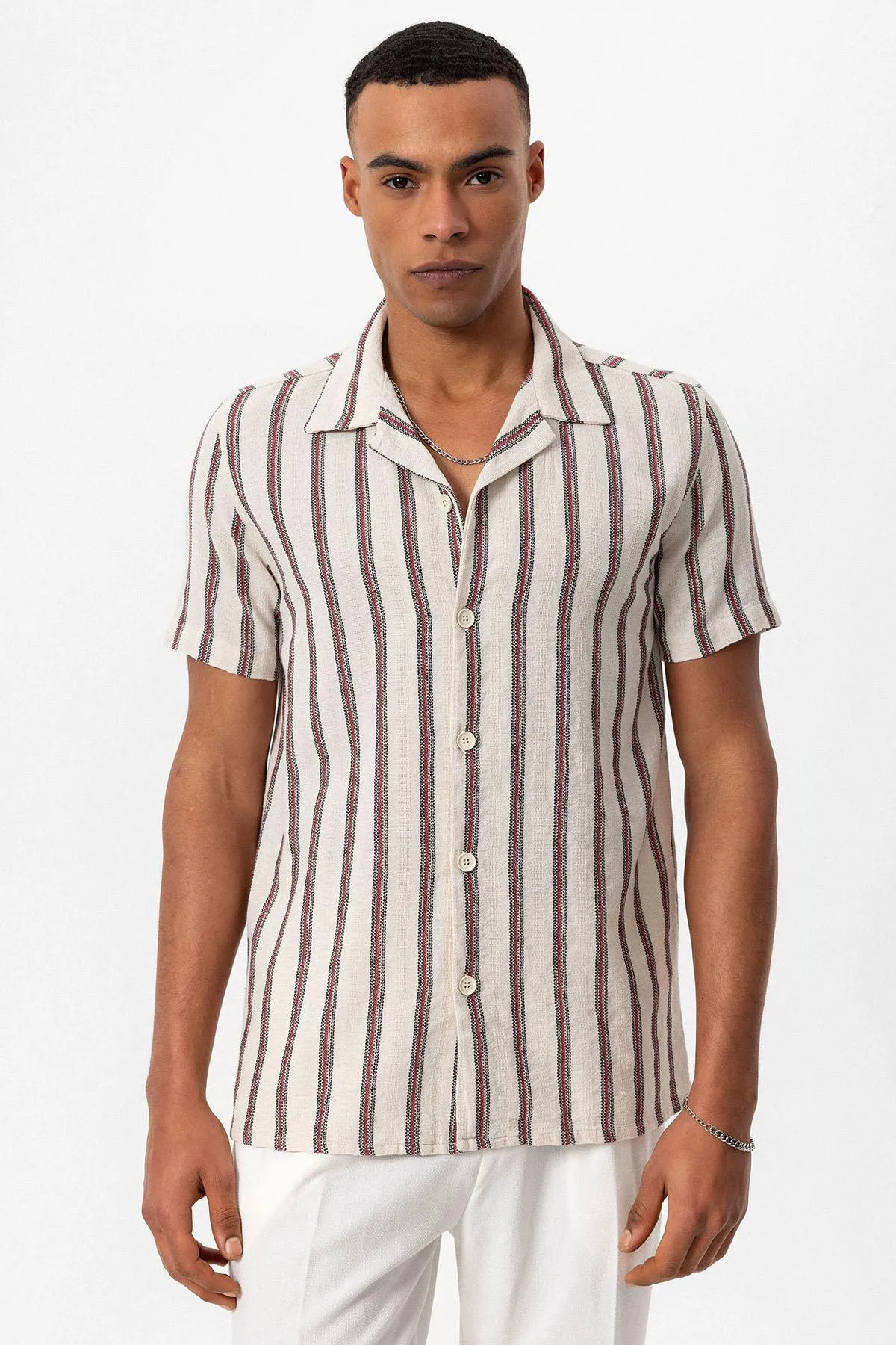 Men's Burgundy Striped Camp Collar Shirt - Wessi sold by Wessi