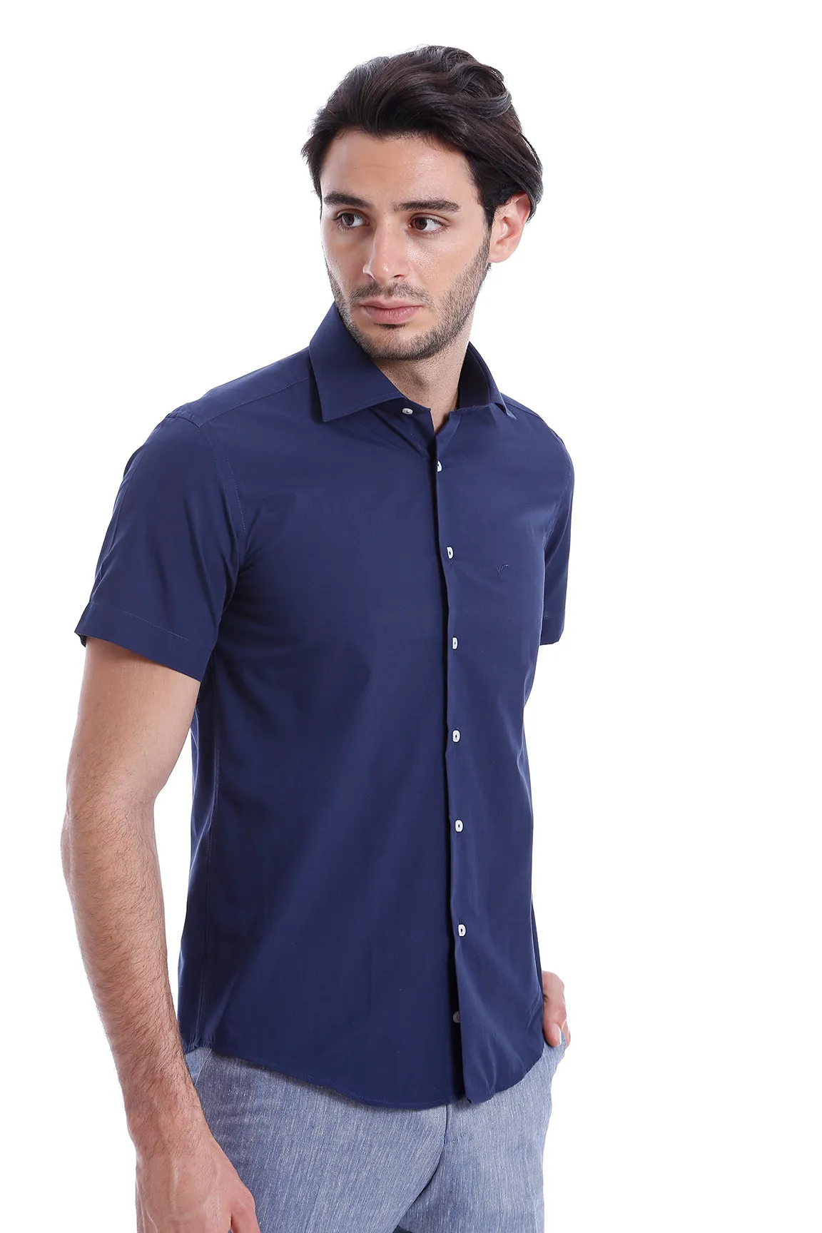 Short Sleeve Poly Cotton Slim Fit Navy Blue Men Shirt - Wessi sold by Wessi product image thumbnail 3