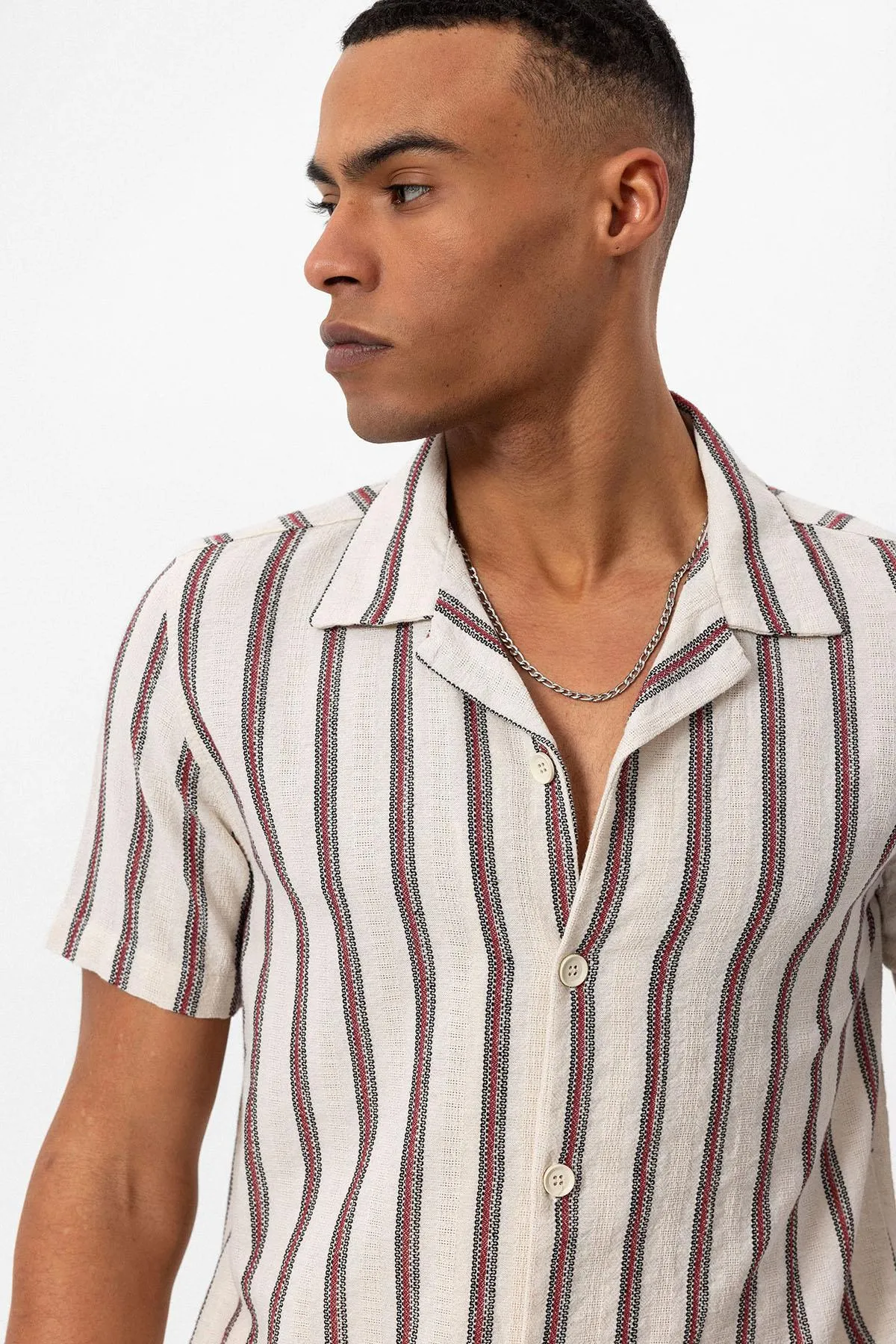 Men's Burgundy Striped Camp Collar Shirt - Wessi sold by Wessi product image thumbnail 5