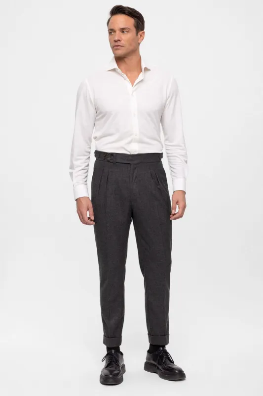 Men's Anthracite Wool Look High Waist Pleated Pants - Wessi sold by Wessi