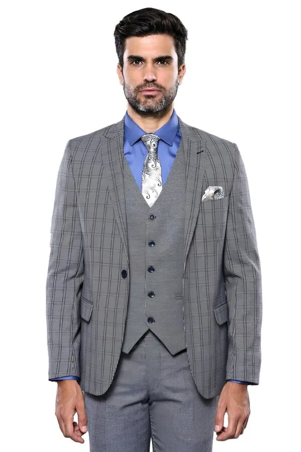Plaid Navy Slim-Fit Vested Suit | Wessi sold by Wessi