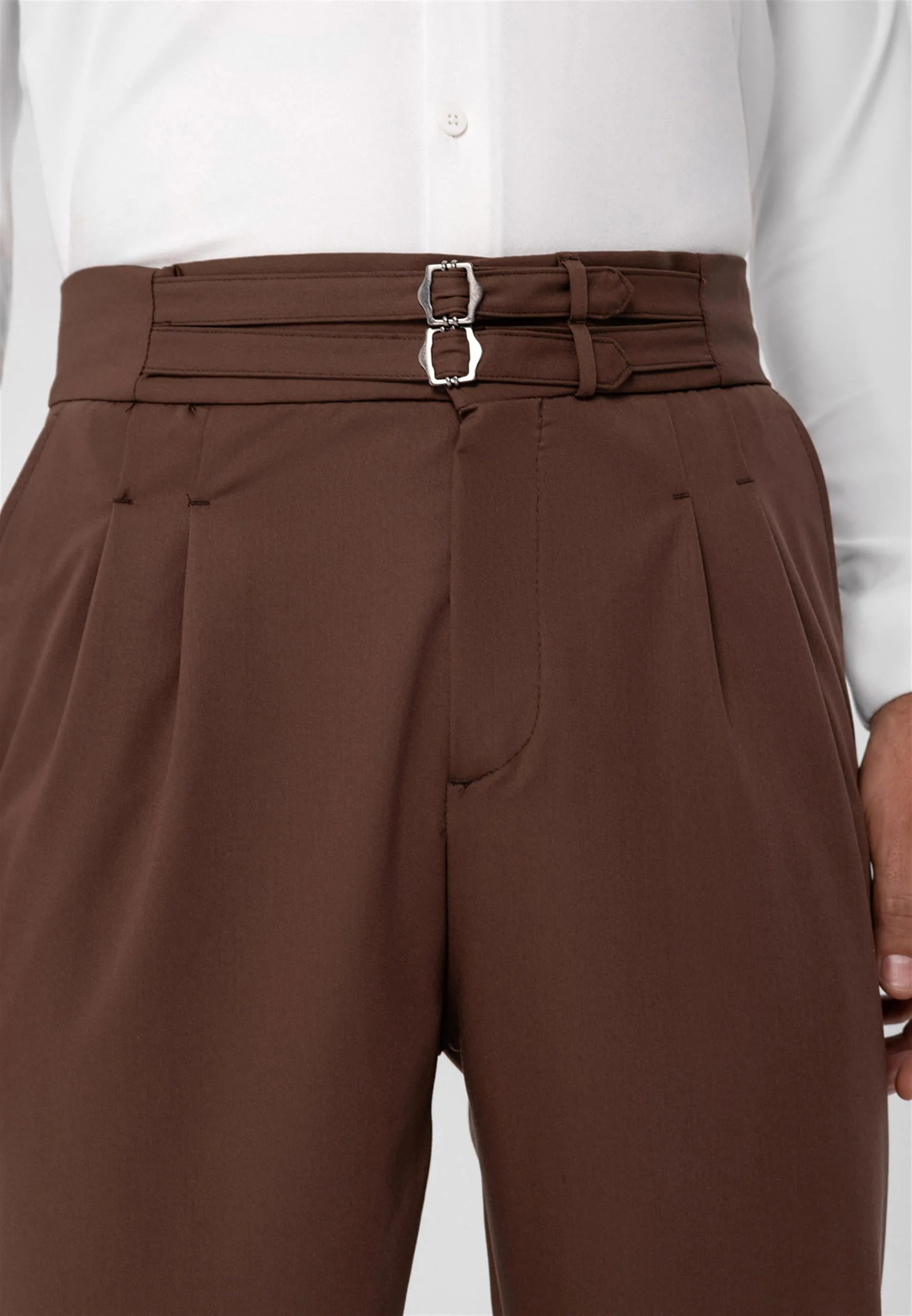 Men's Brown High Waist Buckle Belt Pleated Fabric Trousers - Wessi sold by Wessi product image thumbnail 3
