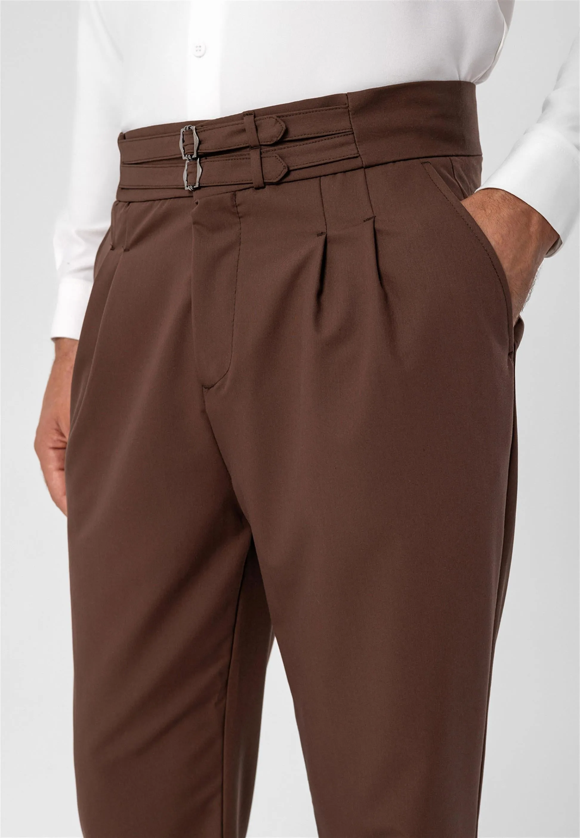 Men's Brown High Waist Buckle Belt Pleated Fabric Trousers - Wessi sold by Wessi product image thumbnail 4