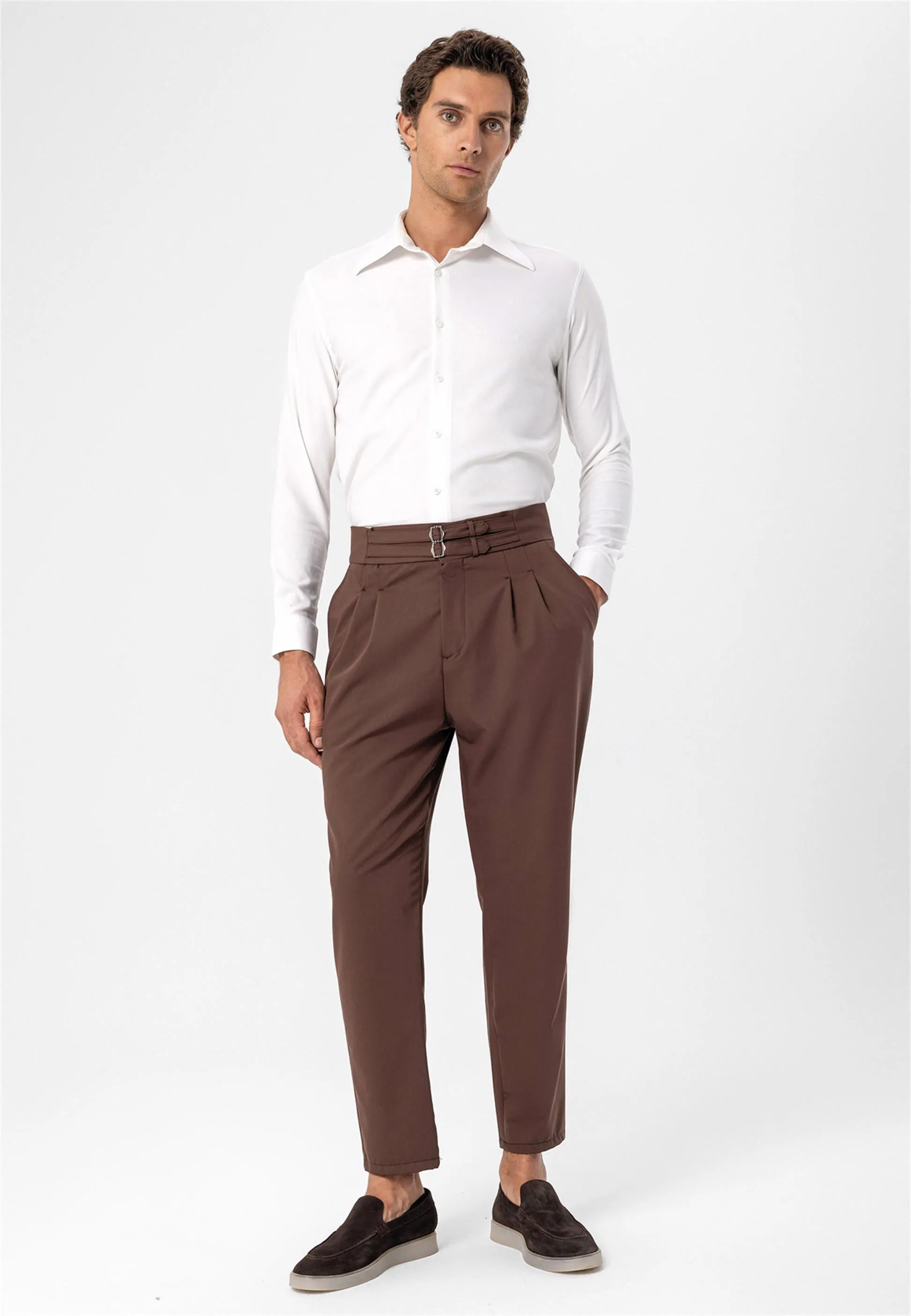 Men's Brown High Waist Buckle Belt Pleated Fabric Trousers - Wessi sold by Wessi