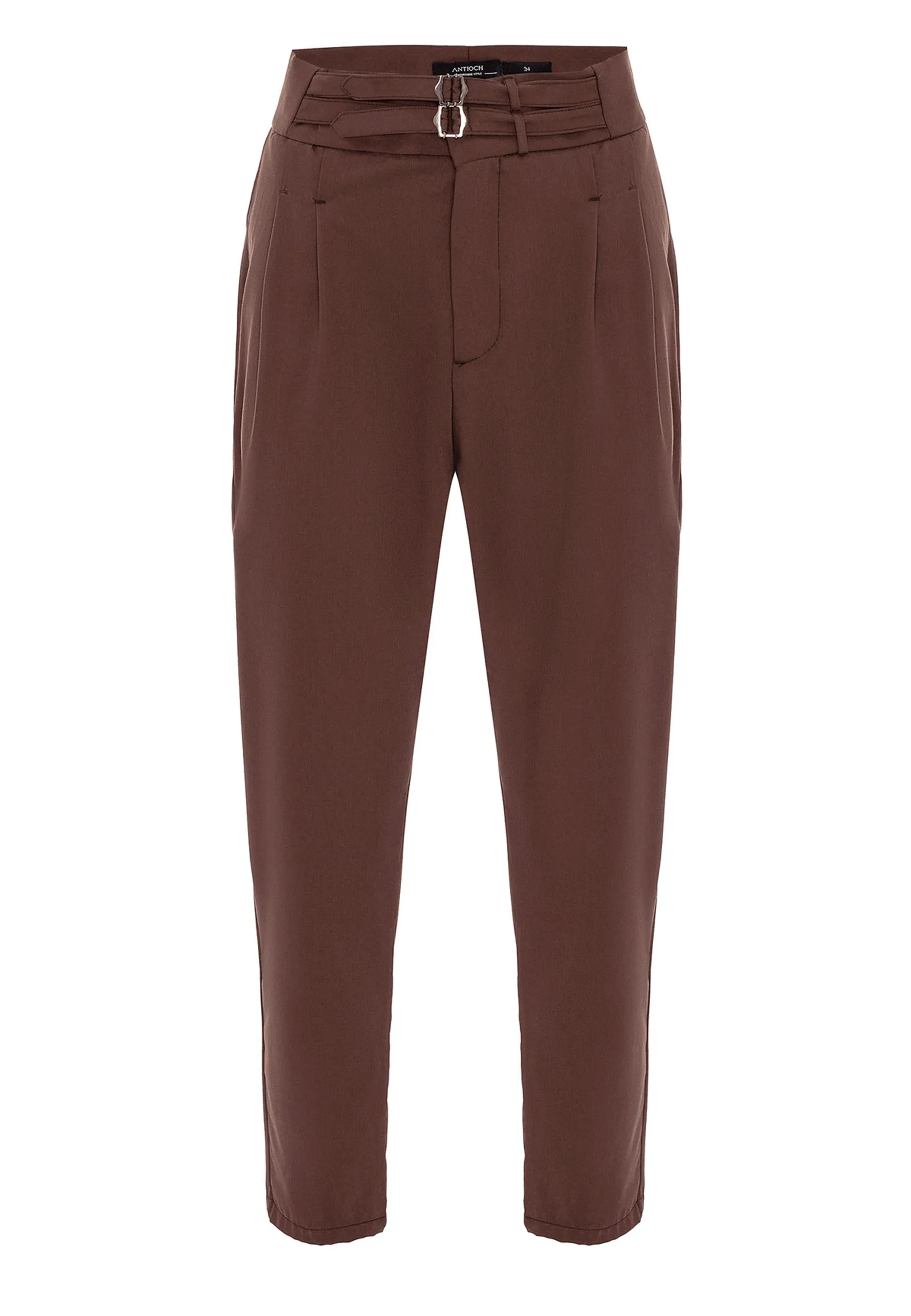 Men's Brown High Waist Buckle Belt Pleated Fabric Trousers - Wessi sold by Wessi product image thumbnail 5