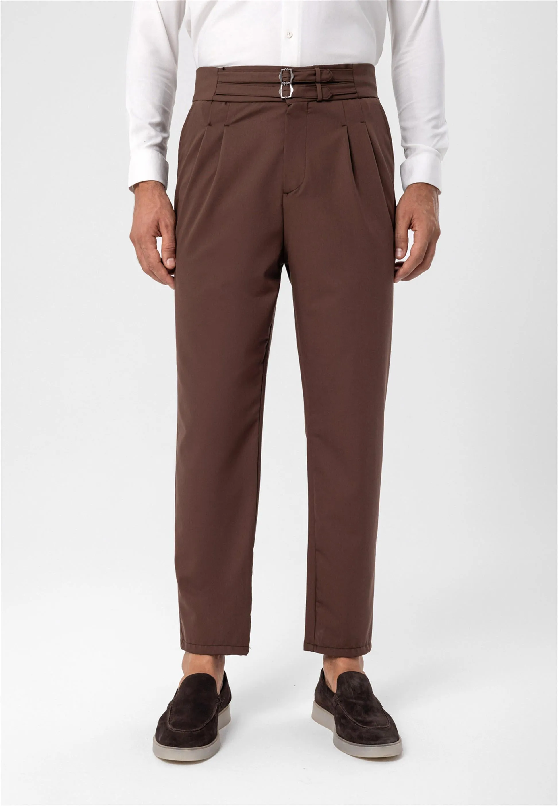Men's Brown High Waist Buckle Belt Pleated Fabric Trousers - Wessi sold by Wessi product image thumbnail 2