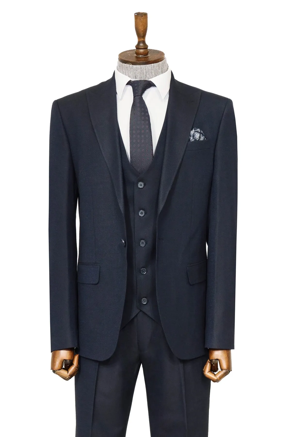 3 -Piece Single Button Peak Lapel Navy Blue Men Suit - Wessi sold by Wessi