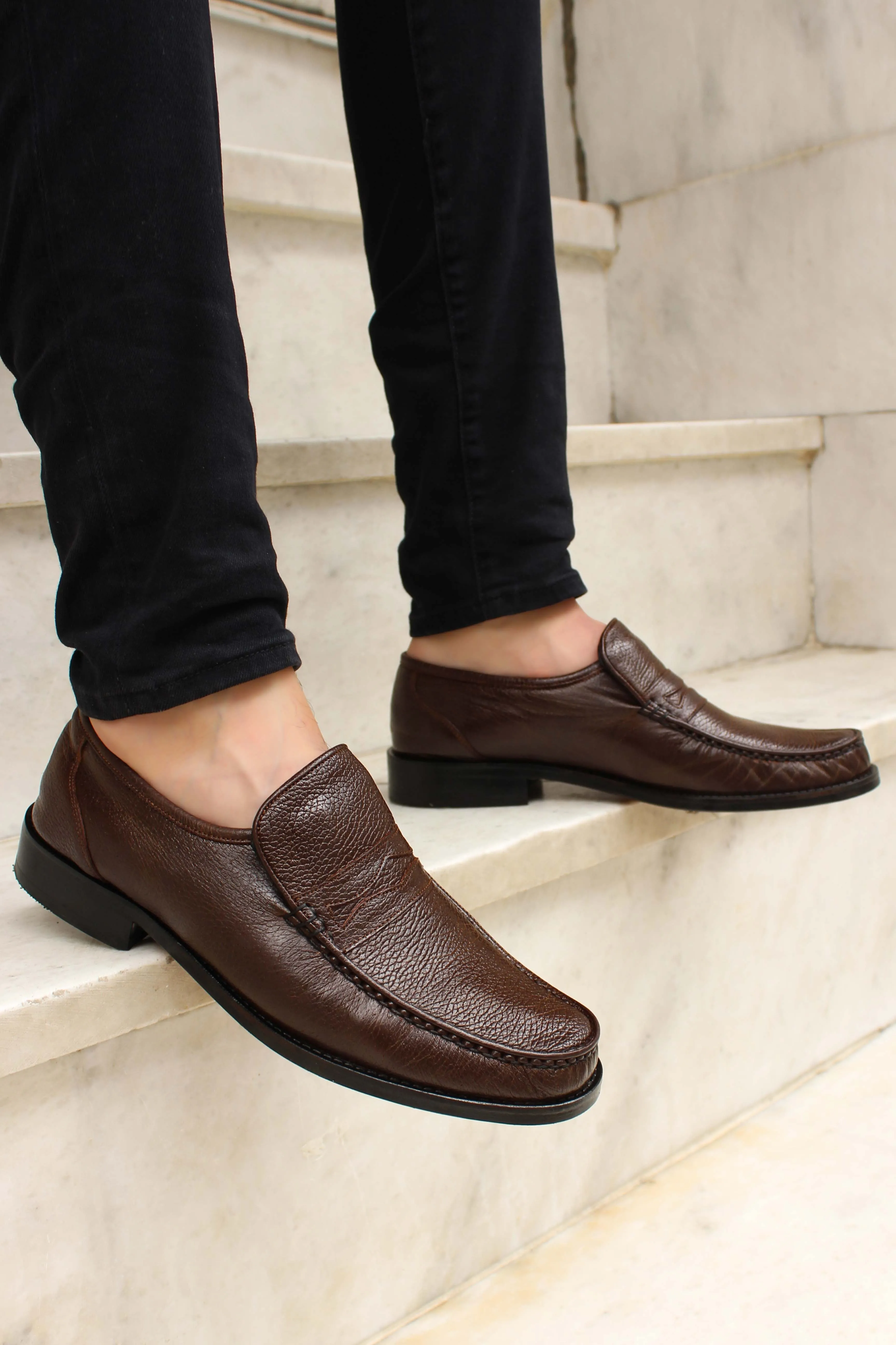 Men's Brown Leather Penny Loafers with Textured Finish - Wessi sold by Wessi