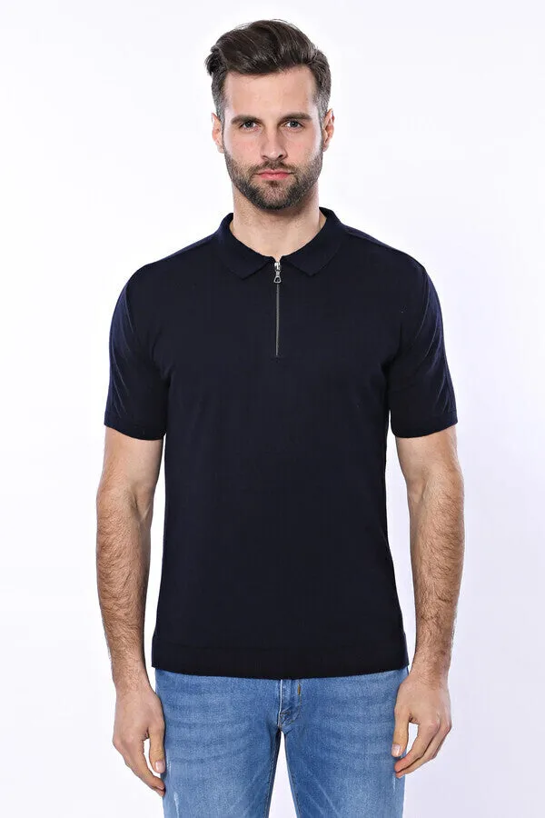 Polo Neck Plain Navy Knitted Blue Men T-Shirt - Wessi sold by Wessi product image thumbnail 3