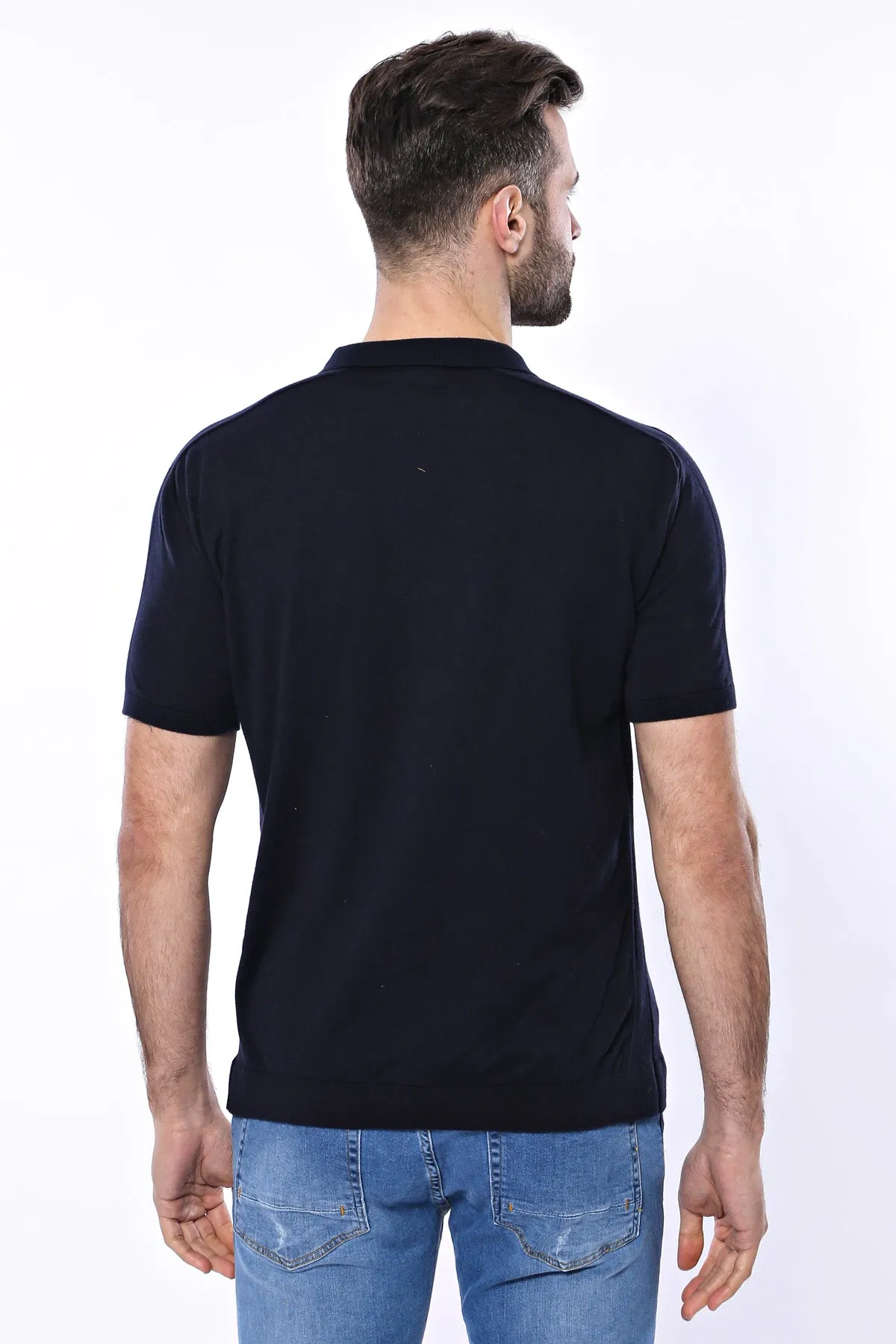 Polo Neck Plain Navy Knitted Blue Men T-Shirt - Wessi sold by Wessi product image thumbnail 5