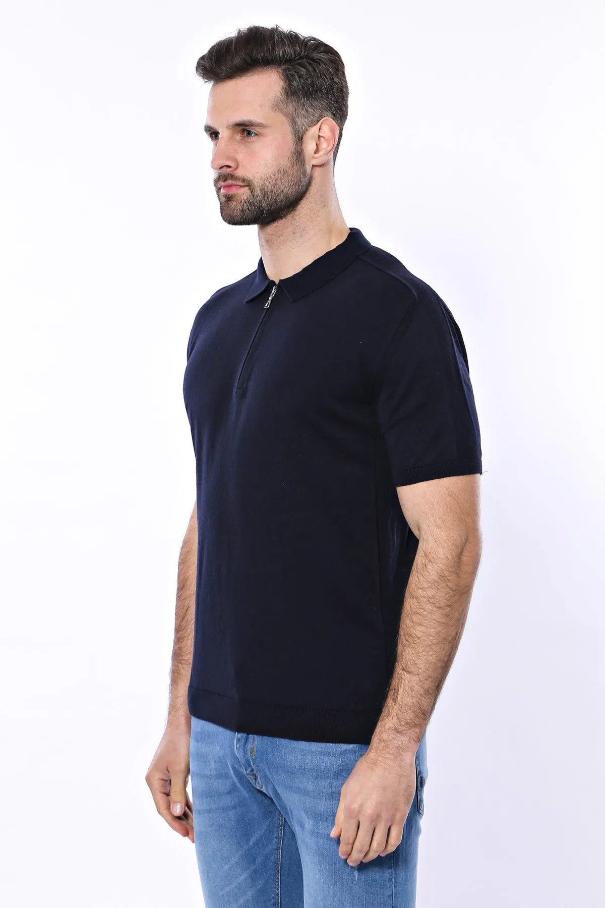 Polo Neck Plain Navy Knitted Blue Men T-Shirt - Wessi sold by Wessi product image thumbnail 4