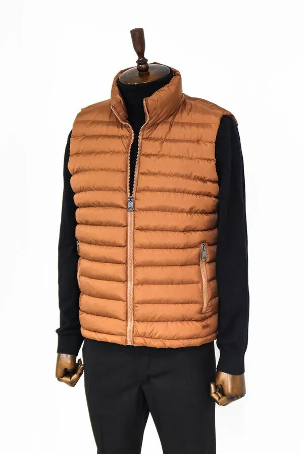 Quilted Zippered Light Brown Men Down Vest - Wessi sold by Wessi product image thumbnail 5