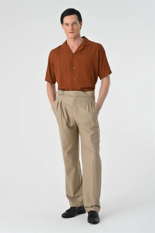 Men's Dark Beige High Waist Buckle Detail Pleated  Trousers - Wessi sold by Wessi