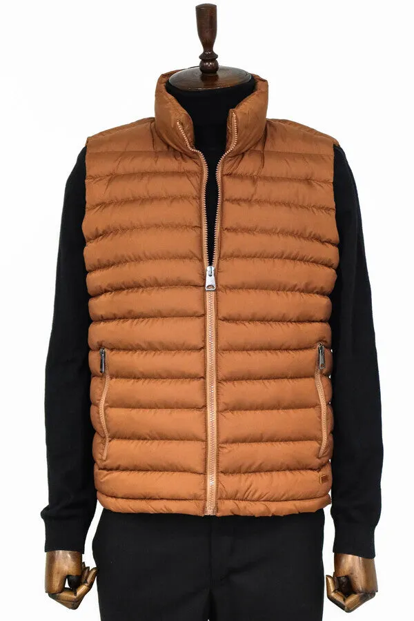 Quilted Zippered Light Brown Men Down Vest - Wessi sold by Wessi