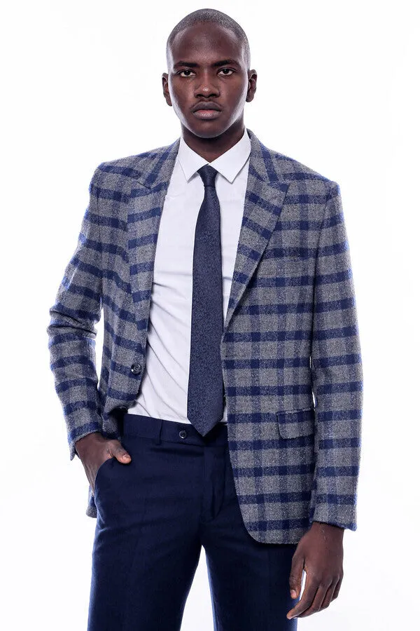 Checked Peak Lapel Slim-Fit Blue Men Blazer - Wessi sold by Wessi product image thumbnail 5
