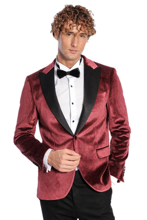 Slim Fit Velvet Burgundy Men Sparkle Tuxedo Jacket - Wessi sold by Wessi product image thumbnail 5
