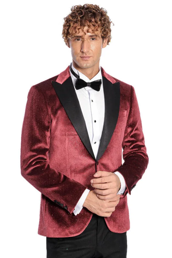 Slim Fit Velvet Burgundy Men Sparkle Tuxedo Jacket - Wessi sold by Wessi