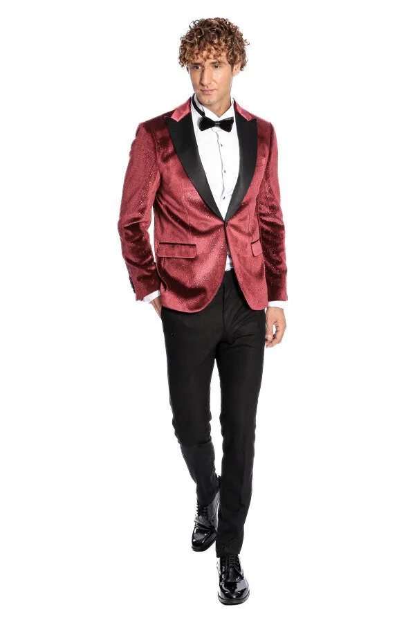 Slim Fit Velvet Burgundy Men Sparkle Tuxedo Jacket - Wessi sold by Wessi product image thumbnail 2