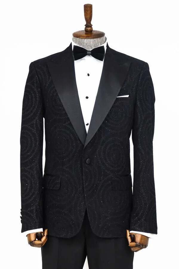 Hypnose Patterned Peak Lapel Slim Fit Black Men Tuxedo Blazer - Wessi sold by Wessi