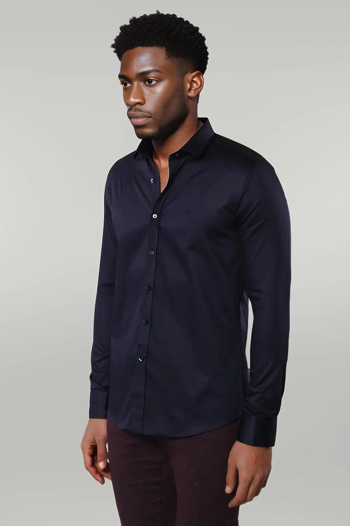 Cotton Satin Slim Fit Long Sleeves Plain Navy Blue Men Shirt - Wessi sold by Wessi product image thumbnail 3