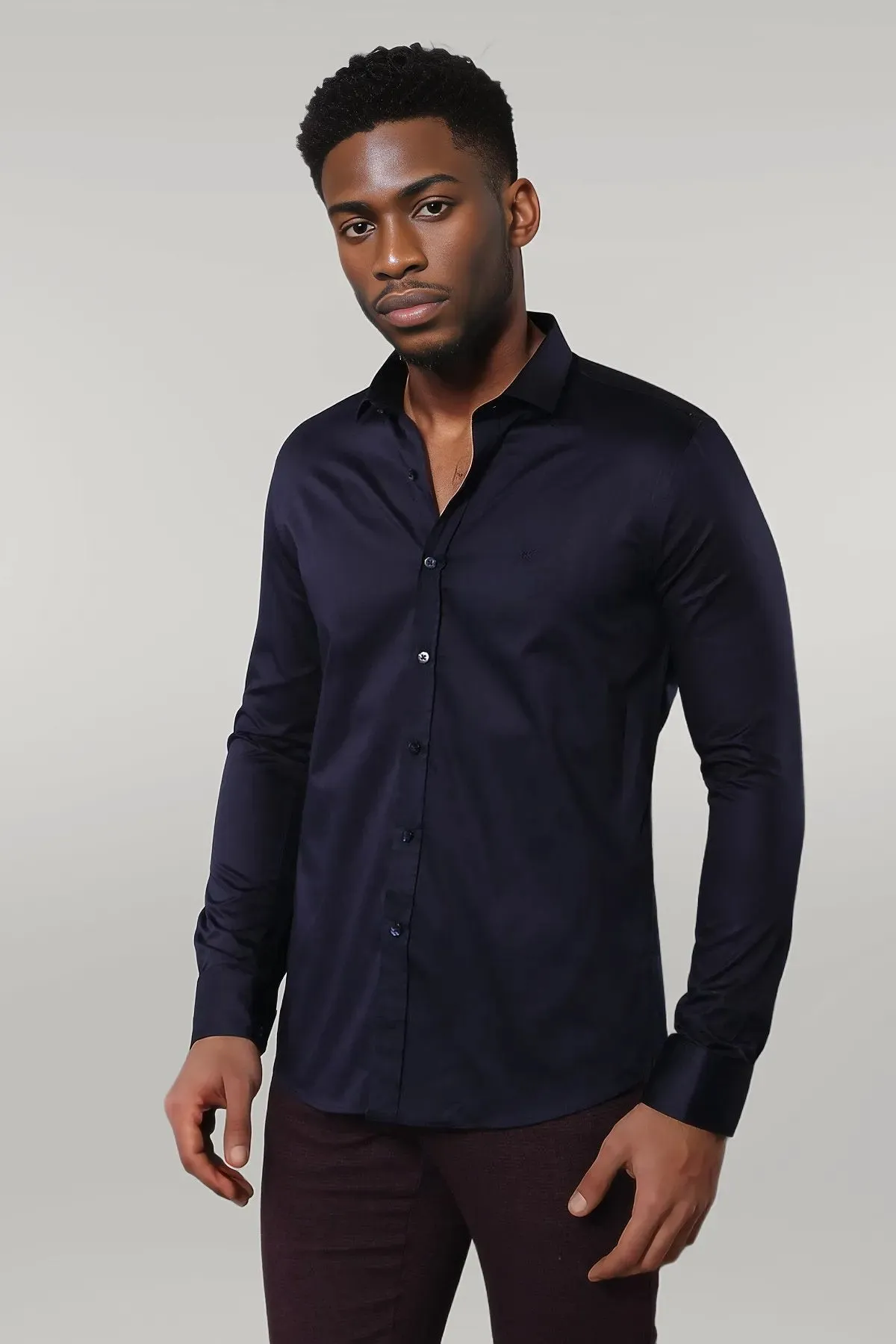 Cotton Satin Slim Fit Long Sleeves Plain Navy Blue Men Shirt - Wessi sold by Wessi